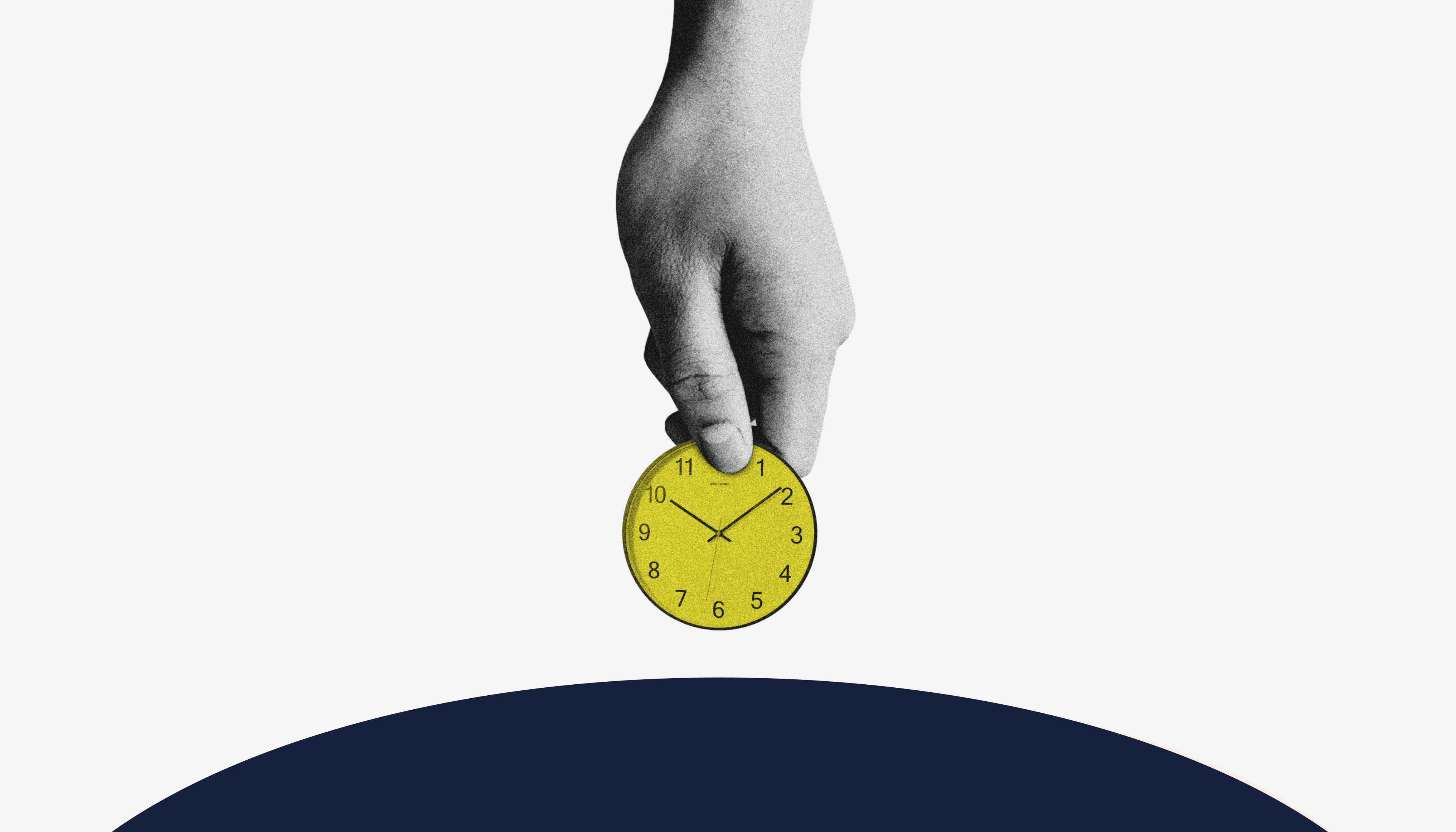 Conceptual image of a hand extending a yellow clock, resembling the gesture of handing over a coin, symbolising the concept of instant payments by merging the ideas of time and money.